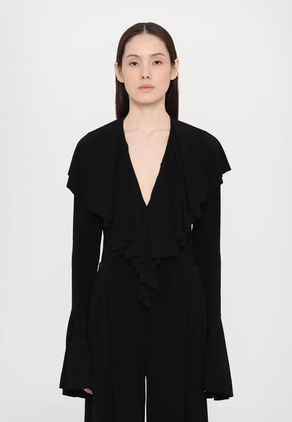 LONG SLEEVE DEEP V RUFFLE BODYSUIT - Long sleeved top - black