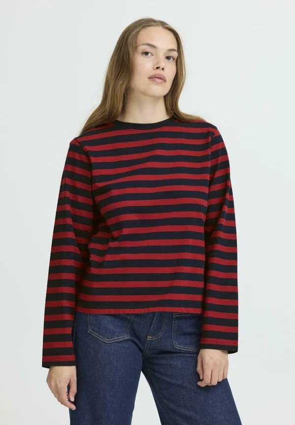 Long sleeved top - navy burned red striped