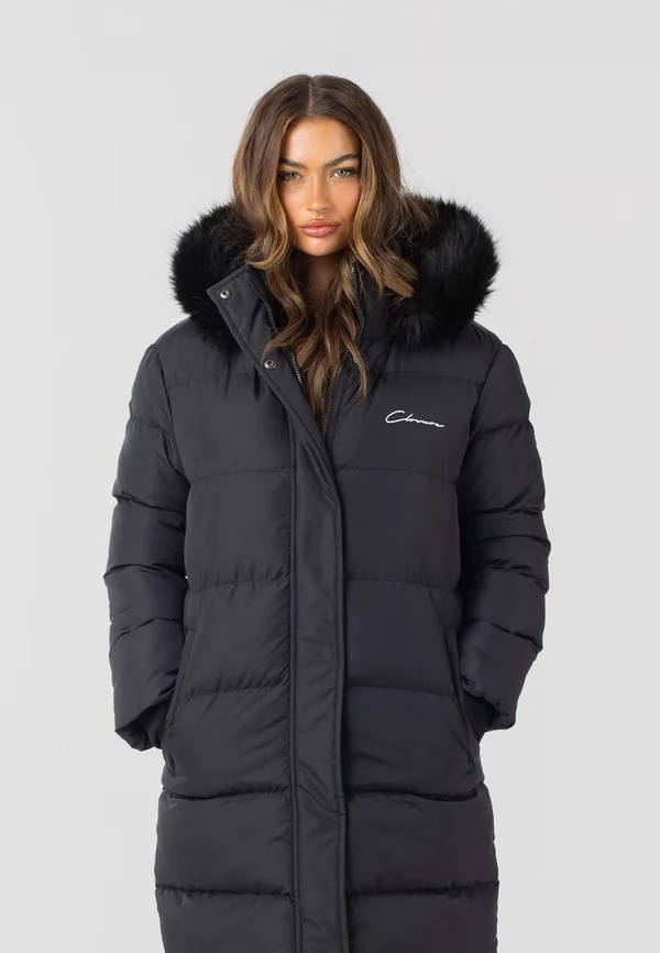 LONGLINE PUFFER WITH FUR HOOD - Winter coat - black