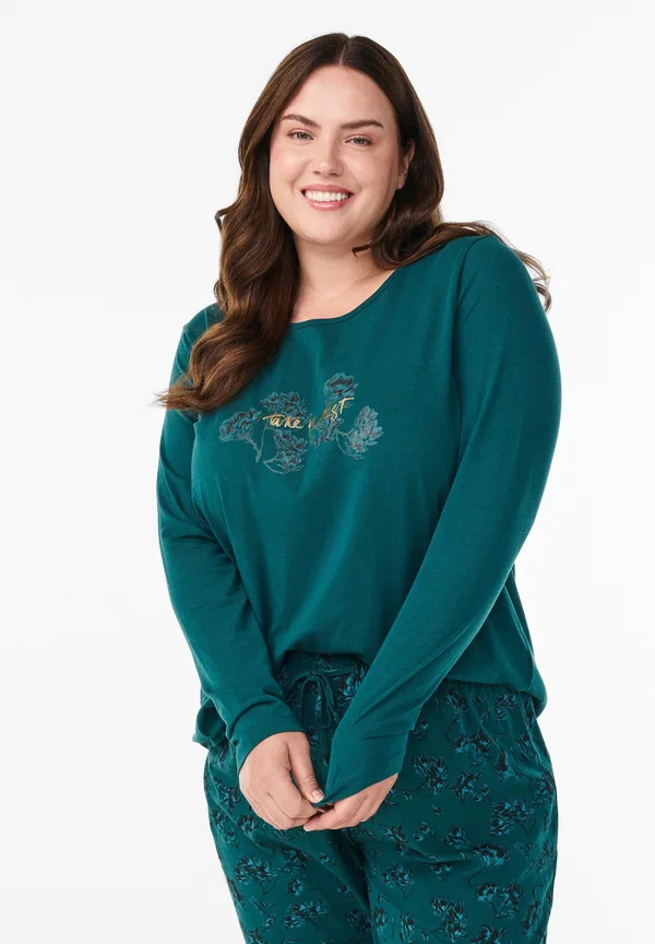 MIT TEXT-AUFDRUCK - Pyjama top - deep teal w flower
