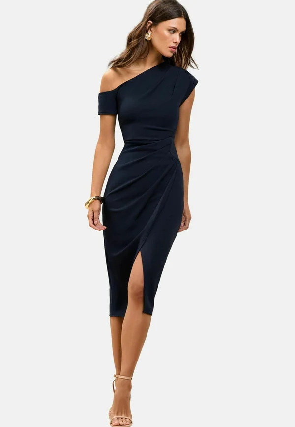 OFF THE SHOULDER GATHERED WAIST MIDI  - Shift dress - navy