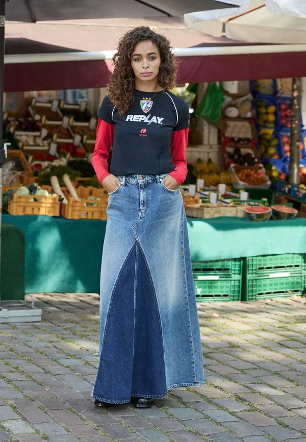 PATCHWORK WASHED DENIM SKIRT - Maxi skirt - medium blue