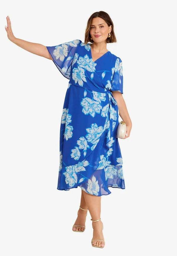 PLUS SIZE FIT - MIX FLUTTER SLEEVE WRAP  - Day dress - blue