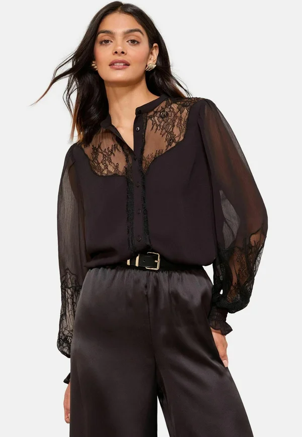 REGULAR FIT - LONG SLEEVE LACE SHIRRED CUFF BUTTON FRONT - Button-down blouse - black