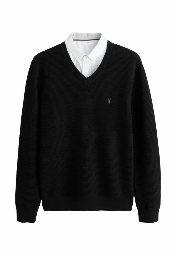 REGULAR FIT TEXTURED OXFORD V-NECK MOCK - Jumper - black