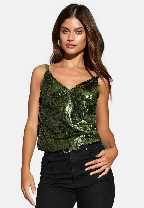 REGULAR FIT - Top - olive green sequin