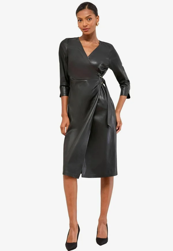 REGULAR FIT - WRAP MIDI - Day dress - black faux leather