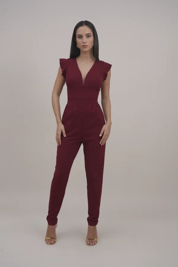RUFFLE WITH BACK INSERT - Jumpsuit - wine