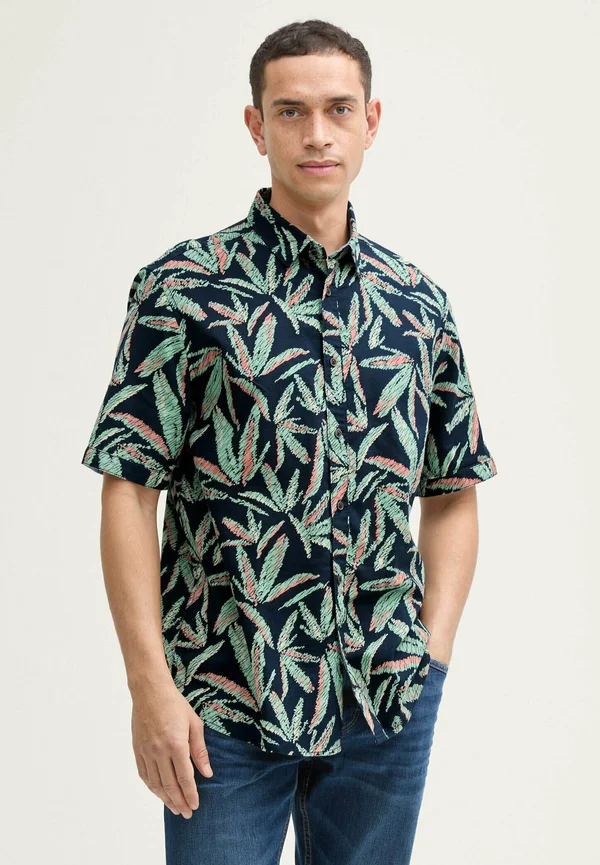 Shirt - navy multi leaf design