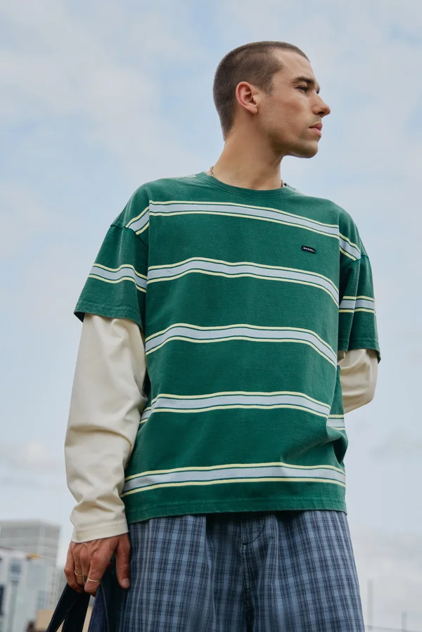 STRIPE DOUBLE LAYER LONG SLEEVE TEE UNISEX - Long sleeved top - green