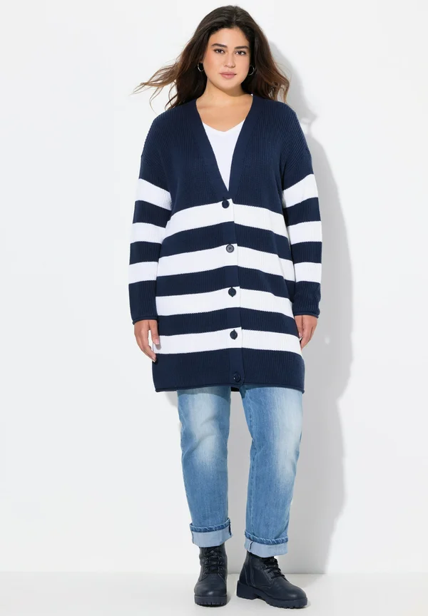 STRIPED BUTTON FRONT V-NEFK LONG SLEEVE  - Cardigan - inky blue