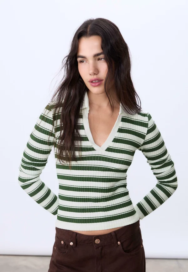 STRIPED  - Long sleeved top - dark green