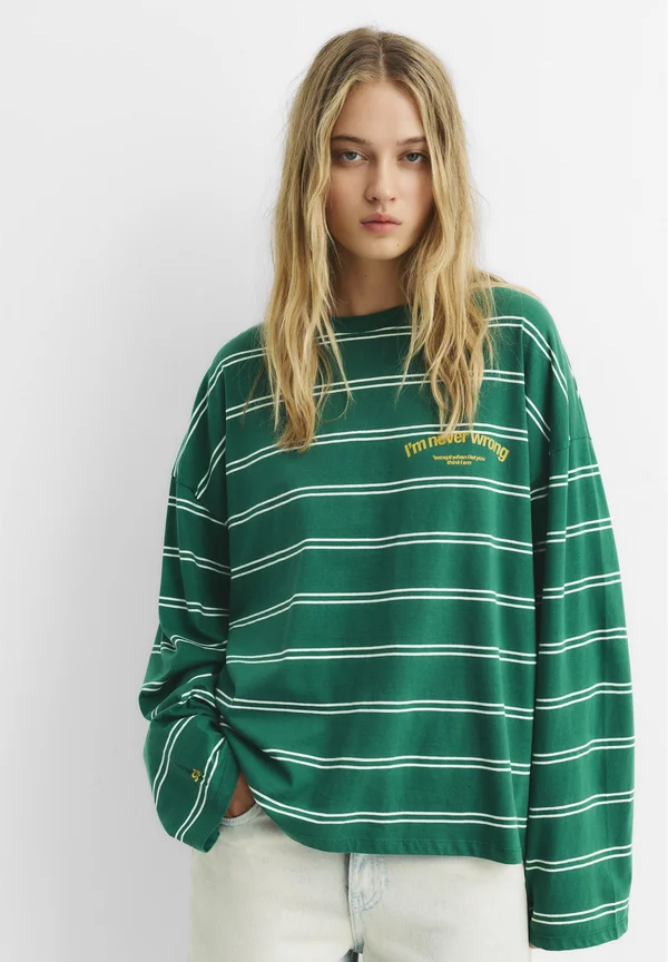 STRIPED TEXT - Long sleeved top - dark green