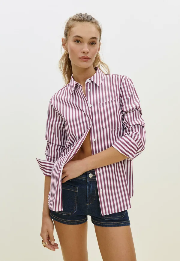 STRIPED WITH POCKET - Button-down blouse - dark red