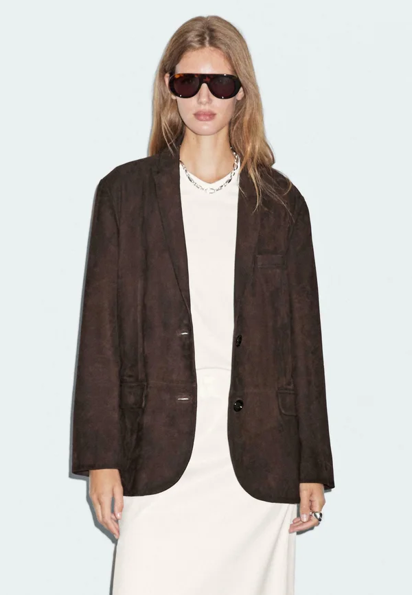 SUEDE FINISH WITH POCKETS - Leather jacket - dark brown