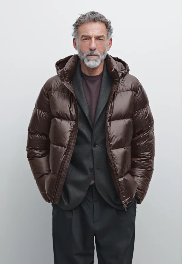 WATER-REPELLENT SATIN PUFFER - Down coat - dark brown