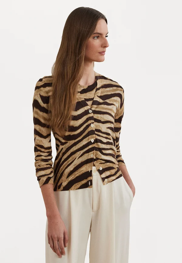 Zebra Print Linen Cotton Cardigan - Cardigan - mascarpone cream/brown